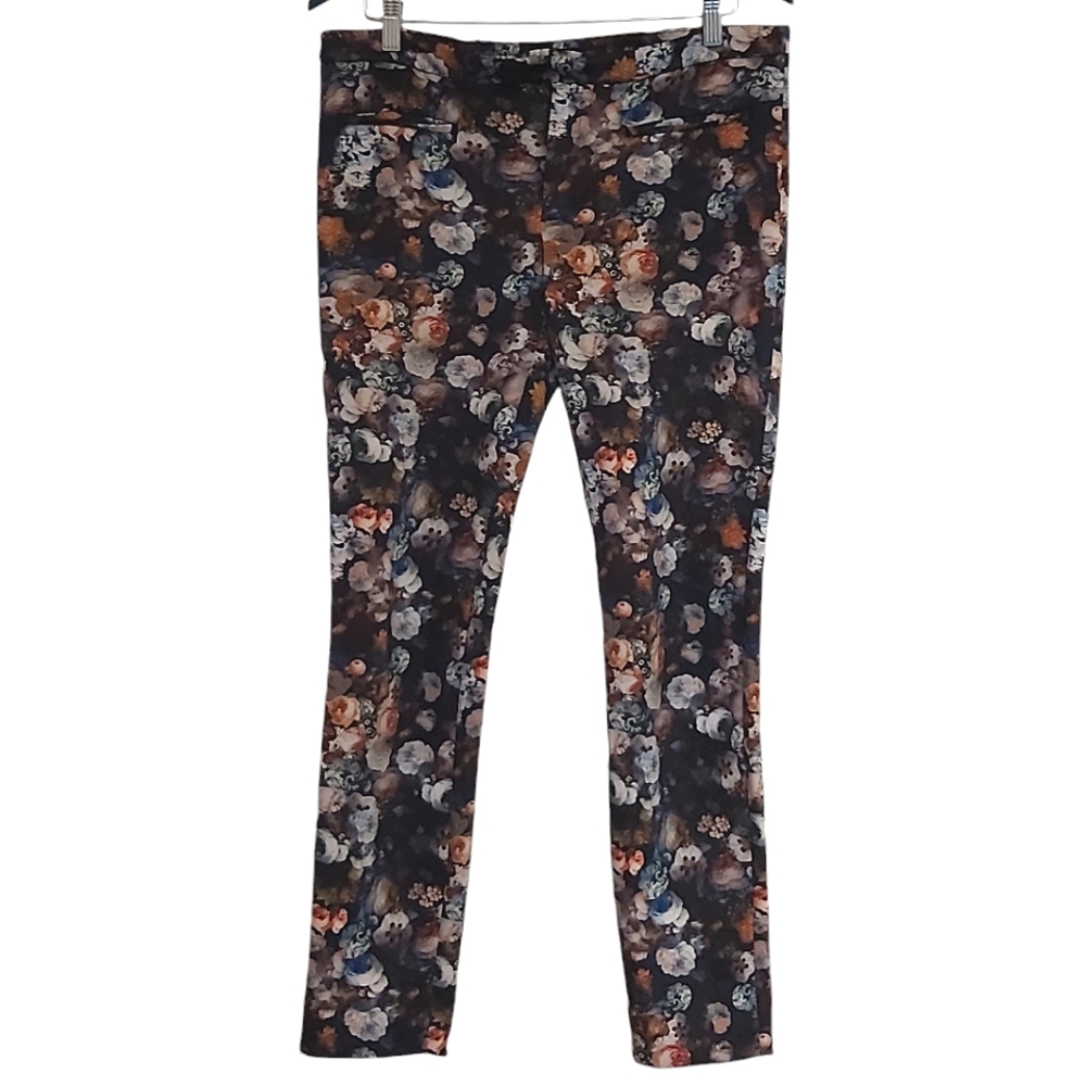 Zara pants womens L blue brown floral on black skinny trousers dark flower print - Picture 1 of 6
